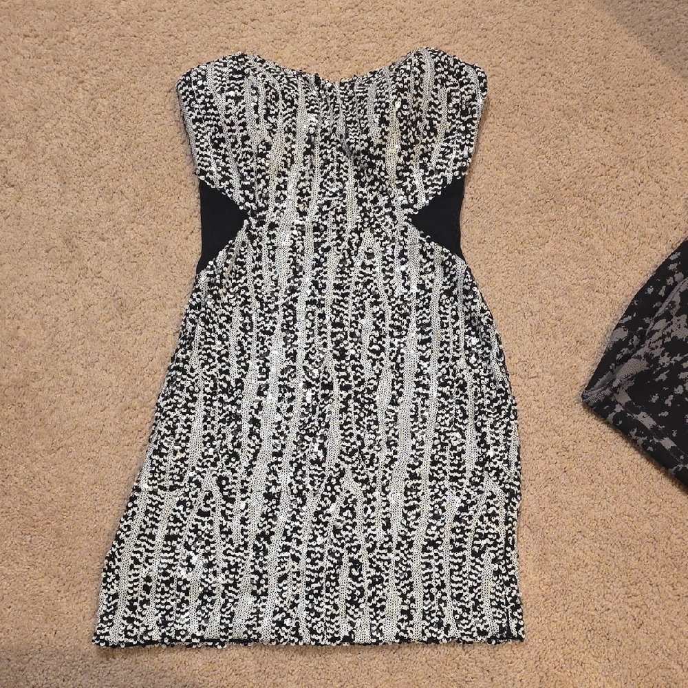 BEBE Black and White Sequin And Mesh Strapless Dress
